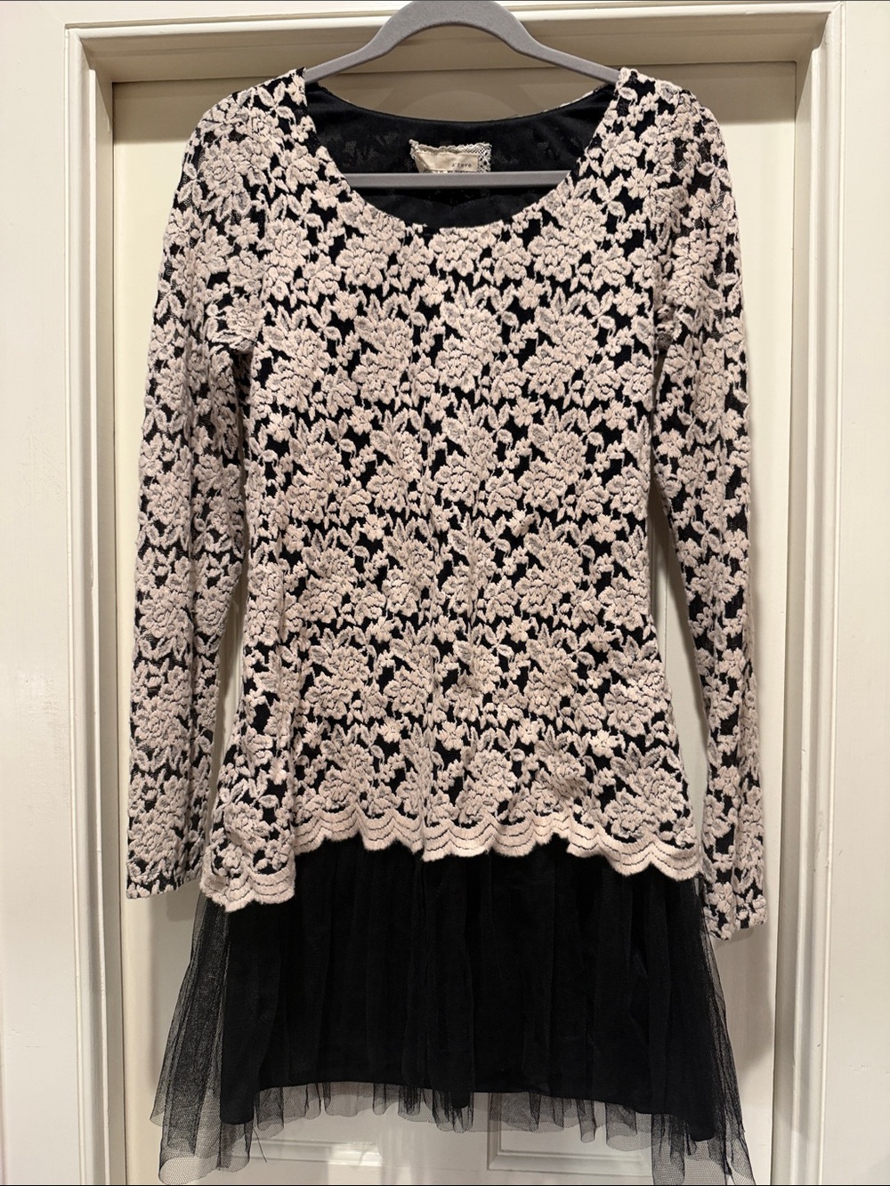 Lace Overlay Black Dress Tunic with Cream Floral Crochet